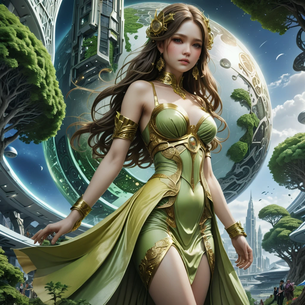 arafed image of a woman in a green dress standing in front of a large group of people, sci-fi fantasy art, barbarella, james jean and clyde caldwell, trending on artforum, disney's princess, portrait of sofia vergara, john stephens, atompunk --auto --s2