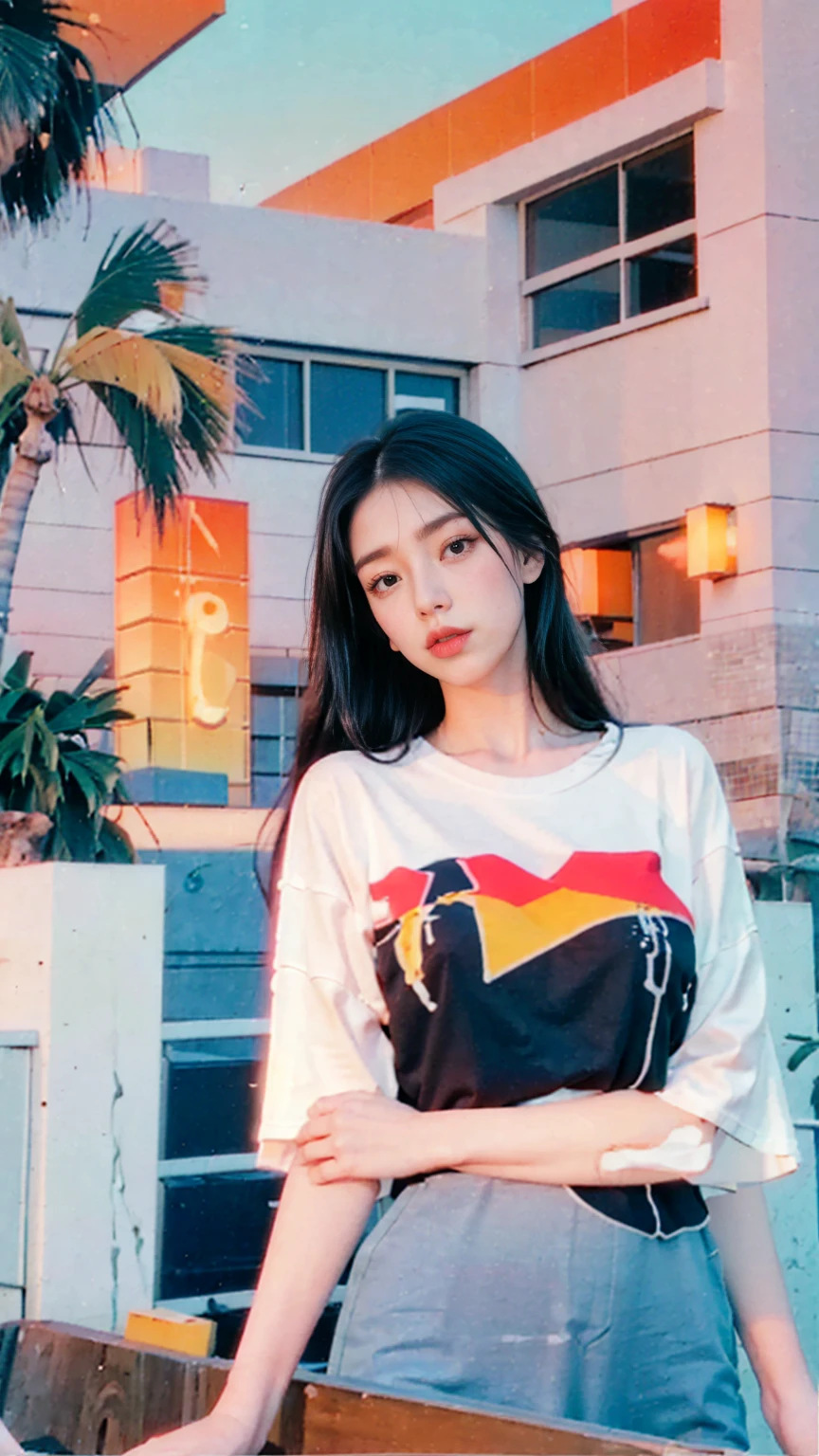 ((long shot photography)) ((best quality)), ((masterpiece)), (detailed),olive skin,upper body, close-up, 8k, RAW photo,1 girl,real polaroid photo, beautiful, ultra-realisticdetail face light leak,dark intens shadow ,((black bob hair)), almond eye, no makeup, white tshirt, ((oversize_untucked tshirt)), peach color skirt, in front of ((80's architecture colorful mondrian motel)),(from below:1.2), (realistic:1.1), (surreal:1.2), (very detailed:1.1), ((masterpiece)),(sharp focus),(real palm trees),summer, blue sky,,sunny, los angles vibes