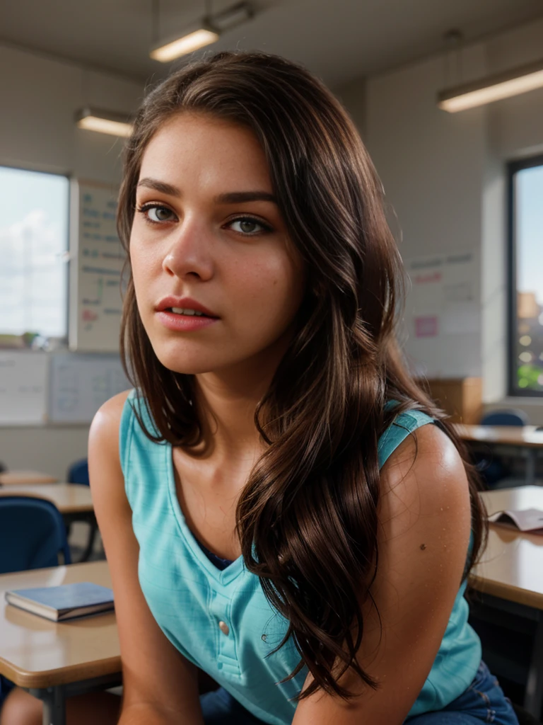 a beautiful 16 year old , detailed face, beautiful eyes, long lashes, detailed hair, , sitting in a classroom, warm lighting, photorealistic, detailed background, high resolution, octane render, cinematic, dramatic lighting, vibrant colors