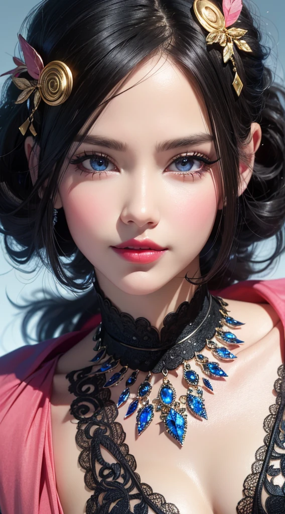 Nordic-looking face, enchanting blue, (subtle, iridescent lips), detailed pupils, blushing, slightly parted lips, (edgy layers in striking black hair, enhancing the rebellious vibe), large cleavage, (medium shot)