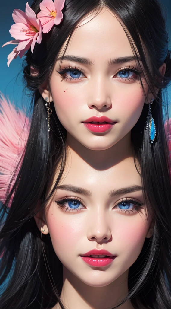 eye reflection, musical note black hair ornament, UHD, blue retina, pink lips, masterpiece, accurate, anatomically correct, textured skin, super details, high details, high quality, best quality, highres, 1080P, HD, 4K, 8k, 16k.