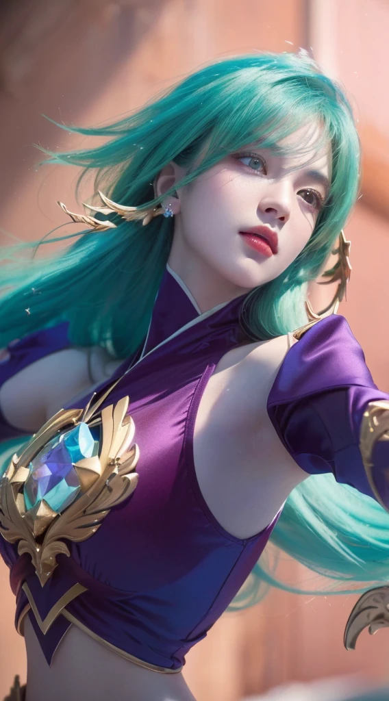 a close up portrait of a beautiful girl with long green hair, pale skin, purple outfit, (best quality,4k,8k,highres,masterpiece:1.2),ultra-detailed,realistic,photorealistic,photo-realistic:1.37,HDR,UHD,studio lighting,ultra-fine painting,sharp focus,physically-based rendering,extreme detail description,professional,vivid colors,bokeh,knights of zodiac,beautiful detailed eyes,beautiful detailed lips,extremely detailed eyes and face,longeyelashes,elegant,serene,intricate,fine art