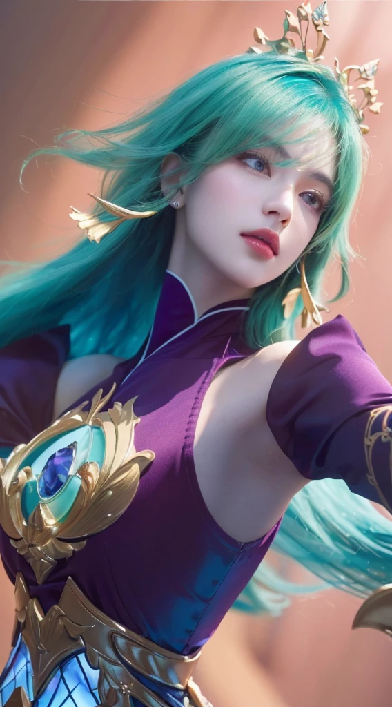 a close up portrait of a beautiful girl with long green hair, pale skin, purple outfit, (best quality,4k,8k,highres,masterpiece:1.2),ultra-detailed,realistic,photorealistic,photo-realistic:1.37,HDR,UHD,studio lighting,ultra-fine painting,sharp focus,physically-based rendering,extreme detail description,professional,vivid colors,bokeh,knights of zodiac,beautiful detailed eyes,beautiful detailed lips,extremely detailed eyes and face,longeyelashes,elegant,serene,intricate,fine art