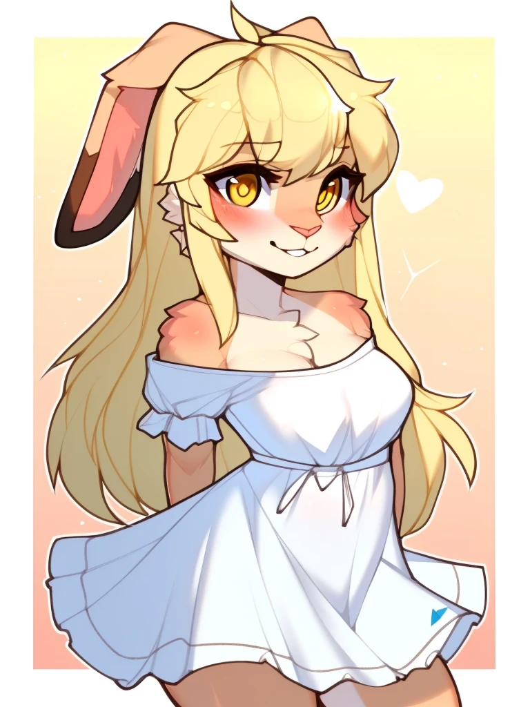 sfw, by claweddrip, by ressue, by pudgeruffian, by fleet-foot, by thericegoat, best quality, masterpiece, solo, female, rabbit, rabbit tail, (lop ears:1.1), blonde hair, long straight hair, beige fur, yellow eyes, bright eyes, medium breast, sundress, white sundress, off-shoulder, frills, gentle smile