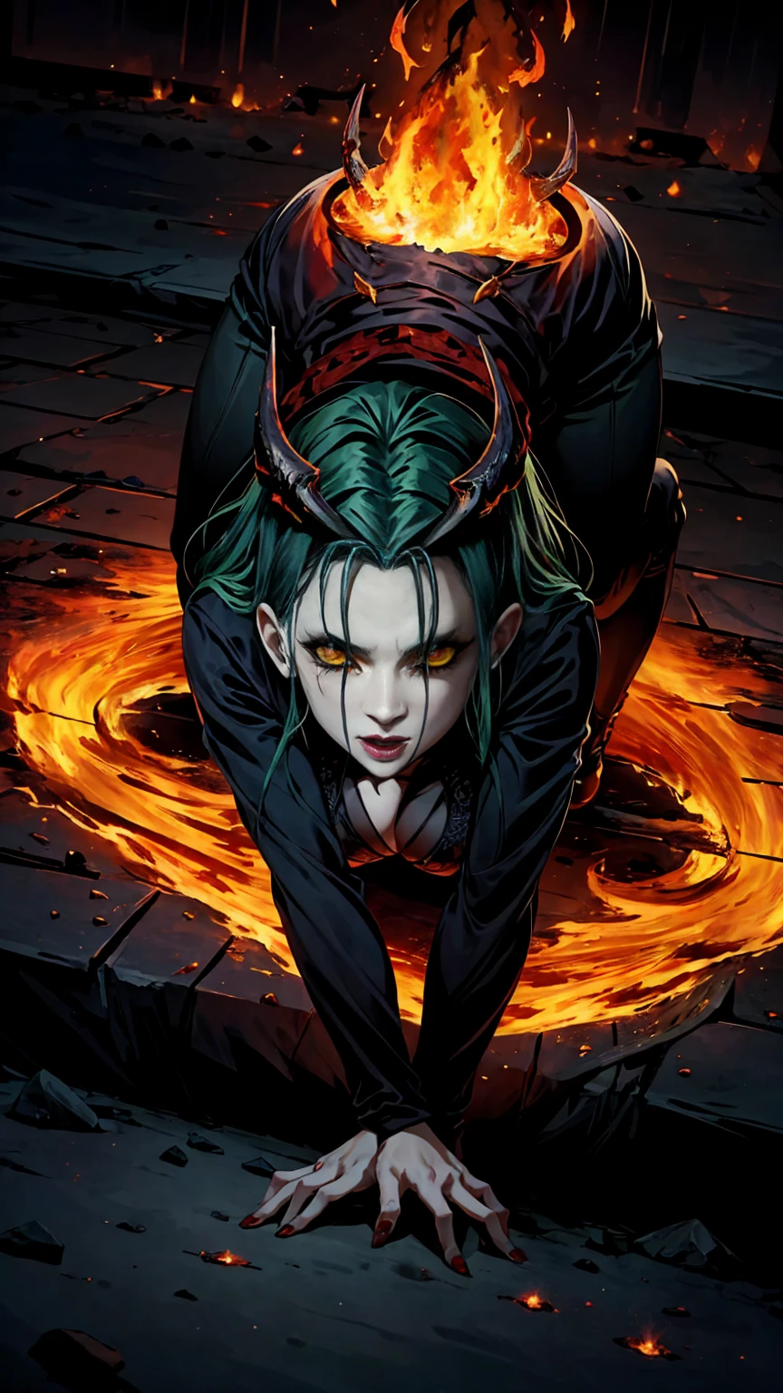 High view, high angle of camera, A beautiful and sexy queen of hell, busty, crawl on all fours on hand and knees with legs spread wide open, sexy demeanor, anime style. a dark, rotten and burnt Hades, showcasing the fiery green hair and thin black horns with incandescent cracks, black tears, golden ornament. Every space and build in the landscape is meticulously rendered, from the most desolate and terrifying hell, creating a visually stunning and immersive world. The overall effect is a terrifying mix of fantasy, glitter and nostalgia, hellpunk and horror anime. 2.5D style anime, close-up, fine quality yellow eyes, fiery yellow eyes without sclera, ultra detailed, Beautiful and aesthetically pleasing, masterpiece, Best quality score, Extremely detailed , dynamic angle, raytraced, middle body, close up, high view, particles and hard lights, angulo picado. green, red, purple and black