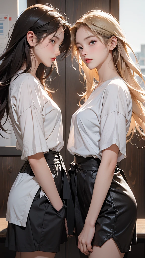 Please create an image of two women. First, a stunning beauty who is half French and half Japanese. She has an exceptionally beautiful face, with striking blue eyes and long, straight blonde hair. She wears a cute dress and has a smiling expression. The second woman has an ordinary appearance with bright brown bobbed hair. She wears a T-shirt and a . The composition should depict them facing each other, engaged in an argument. The beauty should be on the left, and the other woman on the right, slightly apart, with their eyes locked in a heated exchange. One of them has crossed arms and appears angry. The background is a university classroom