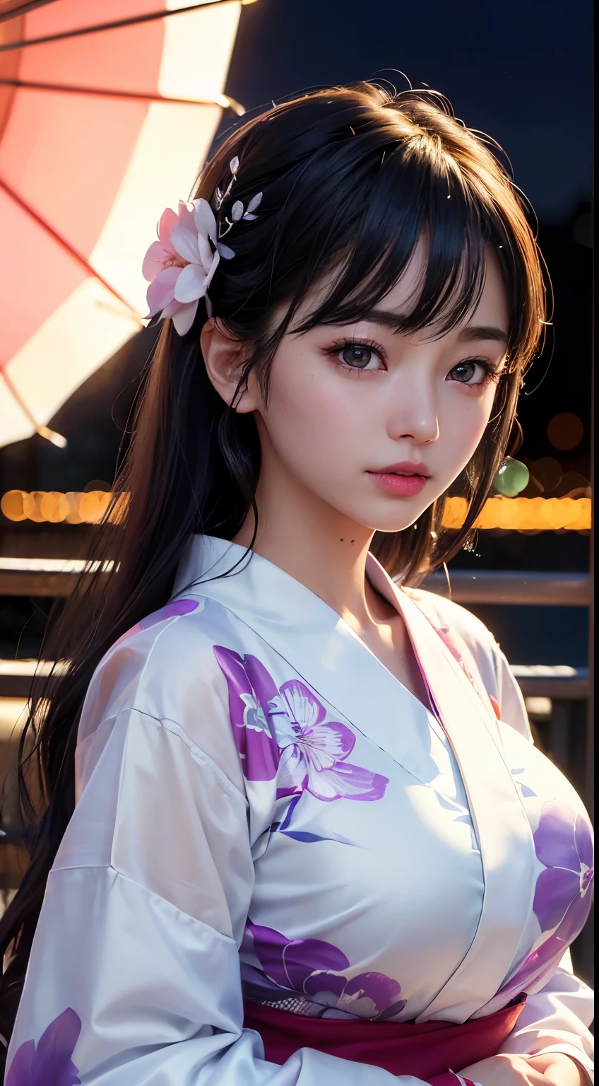 (logo、masterpiece、8K、Tabletop、RAW Photos、wonderful、最high quality、フォトリアリスティックでVery detailedな CG 複合 8K 壁紙、high quality、Very detailed、Narrative poem、Particle Effects、Dynamic Effects、Depth of the Boundary、Cinematic Light、Lens flare、Ray Tracing)、 (One beautiful woman wearing a yukata、White yukata、Light purple pattern)、Black-haired、High definition skin、Very fine、Fine skin texture、Beautiful Face、True Face、Beautiful details in the eyes、Realistic eyes、Beautifully detailed eyes、Realistic Skin、Beautiful Skin、Surreal、Smiling Eyes、Hair and light eyes、vivid、Colorful lights and bokeh、plump lower lip、Pink Lips、Hair flutters in Wind、Hair bounces、wonderful景色、night、evening、Wind、moonlight、moonlight、light