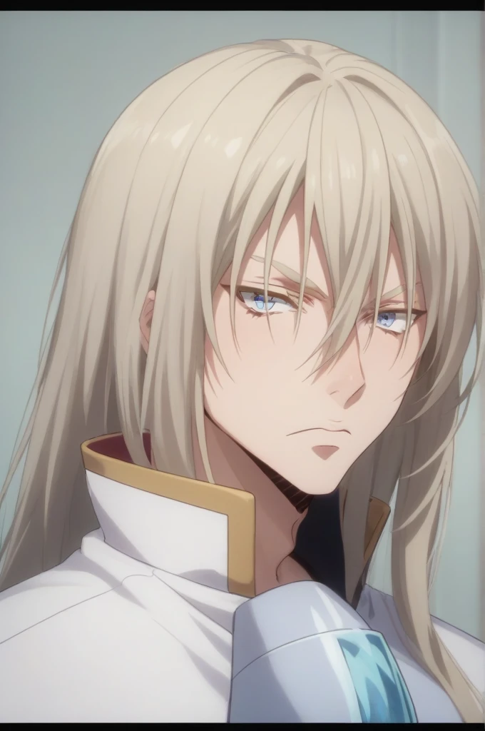  1boy, solo, male focus, leon_cromwell, grey hair, grey eyes, long hair, hair between eyes,Angry expression,, ultra detail, ultra HD, masterpiece,full body photo