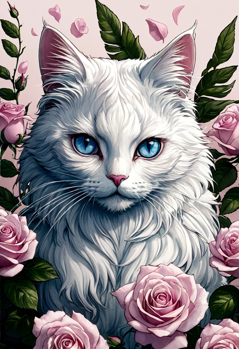 solo, looking at viewer, blue eyes, flower, wings, head tilt, no humans, rose, animal, cat, pink flower, realistic, animal focus, pink rose, whiskers