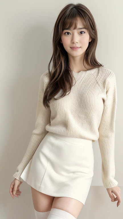  1 girl, Japanese girl (20-year-old),(Detailed face, Beautiful Eyes, bangs ,Light brown straight hair, Faint lips), (middle breasts, slender whist, middle hip, little under hair) ,sweater,  Long skirt,  White stocking, White Hi heal,  Full body, standing , stand in floor , from front view,  (masterpiece, highest quality, High resolution, Photo realistic, sharp, Raw photo, 8k wallpaper, perfection, Professional Lighting, Very detailed, Depth of written boundary, Pale plain background),