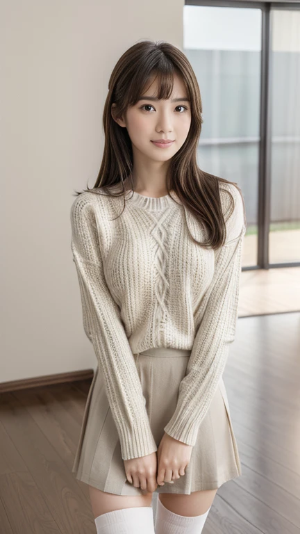  1 girl, Japanese girl (20-year-old),(Detailed face, Beautiful Eyes, bangs ,Light brown straight hair, Faint lips), (middle ???????, slender whist, middle hip, little under hair) ,sweater,  Long skirt,  White stocking, White Hi heal,  Full body, standing , stand in floor , from front view,  (masterpiece, highest quality, High resolution, Photo realistic, sharp, Raw photo, 8k wallpaper, perfection, Professional Lighting, Very detailed, Depth of written boundary, Pale plain background),