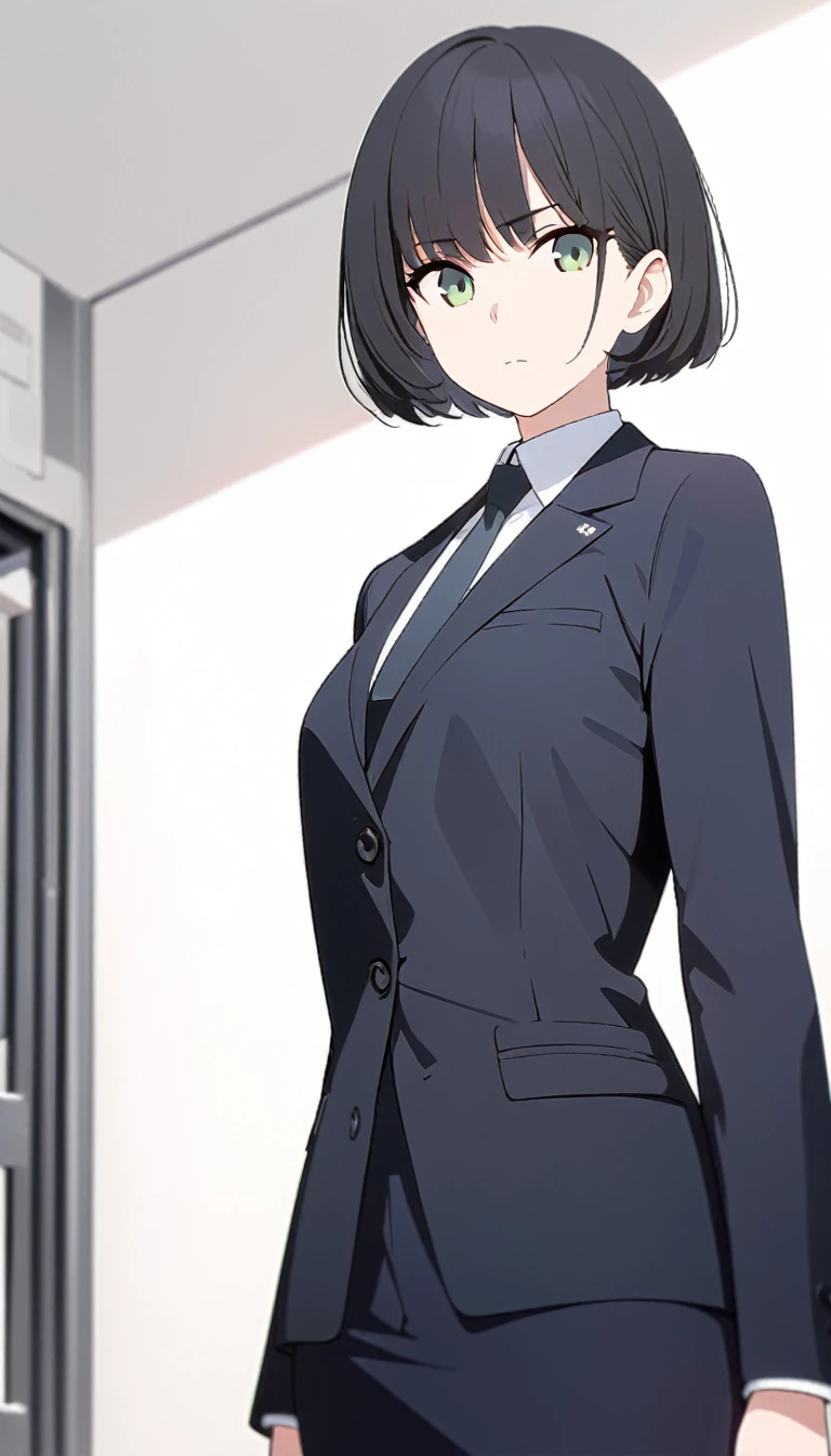 (masterpiece, high quality, best quality, highres,) One Woman, young, black hair, bob cut, Green Eyes, Athletic build, expressionless, closed mouth, office staff suit, Simple white background, standing, cowboy shot, (from the front)