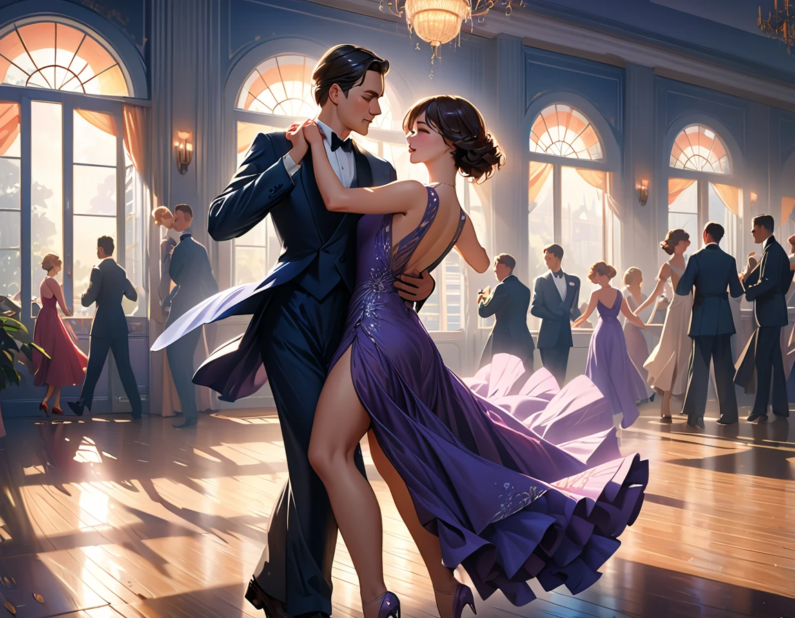 (best quality,8k,masterpiece:1.2),ultra-detailed,(realistic,photorealistic,photo-realistic:1.37),digital art, concept art, natural lighting, a man and woman dancing tango, art deco ballroom, 1920s, Outside the window is a balcony. a narrow french window with an arched top leads out to the balcony.,man facing forward, woman facing away from viewer, dancing the tango, woman is wearing a purple long dress with slit, she has her right leg out to the side, exposing her thigh., small stars are shining in the dark blue sky, dimly lit room, and shadows are cast on the eye sockets, making it impossible to read their expressions, detailed facial features, beautiful dress, formal attire, natural lighting, warm color palette,
