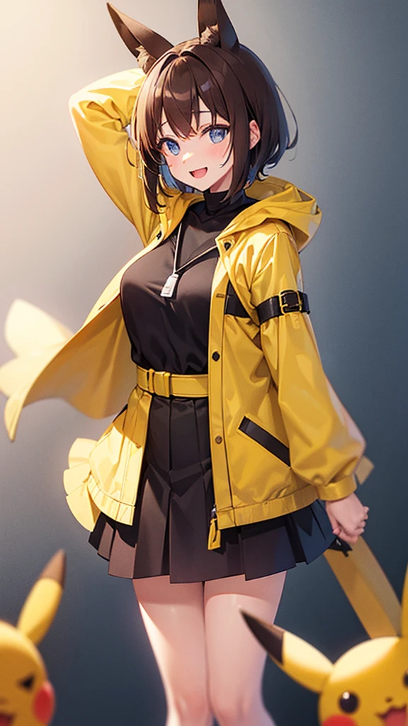 Thick Coating, young, pretty girl, Brown Hair, Short Hair,Pikachu's ears, Yellow clothes, poncho,  Black skirt underneath, blue eyes,Facing forward,VTuber,Girl,whole body,upright,Arms at your sides,Looking at the front,Simple Background,1 girl,Open your mouth,blue eyes,smile,Virtual YouTuber,Standing upright