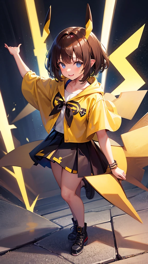 Thick Coating, young, pretty girl, Brown Hair, Short Hair,Pikachu's ears, Yellow clothes, poncho,  Black skirt underneath, blue eyes,Facing forward,VTuber,Girl,whole body,upright,Arms at your sides,Looking at the front,Simple Background,1 girl,Open your mouth,blue eyes,smile,Virtual YouTuber