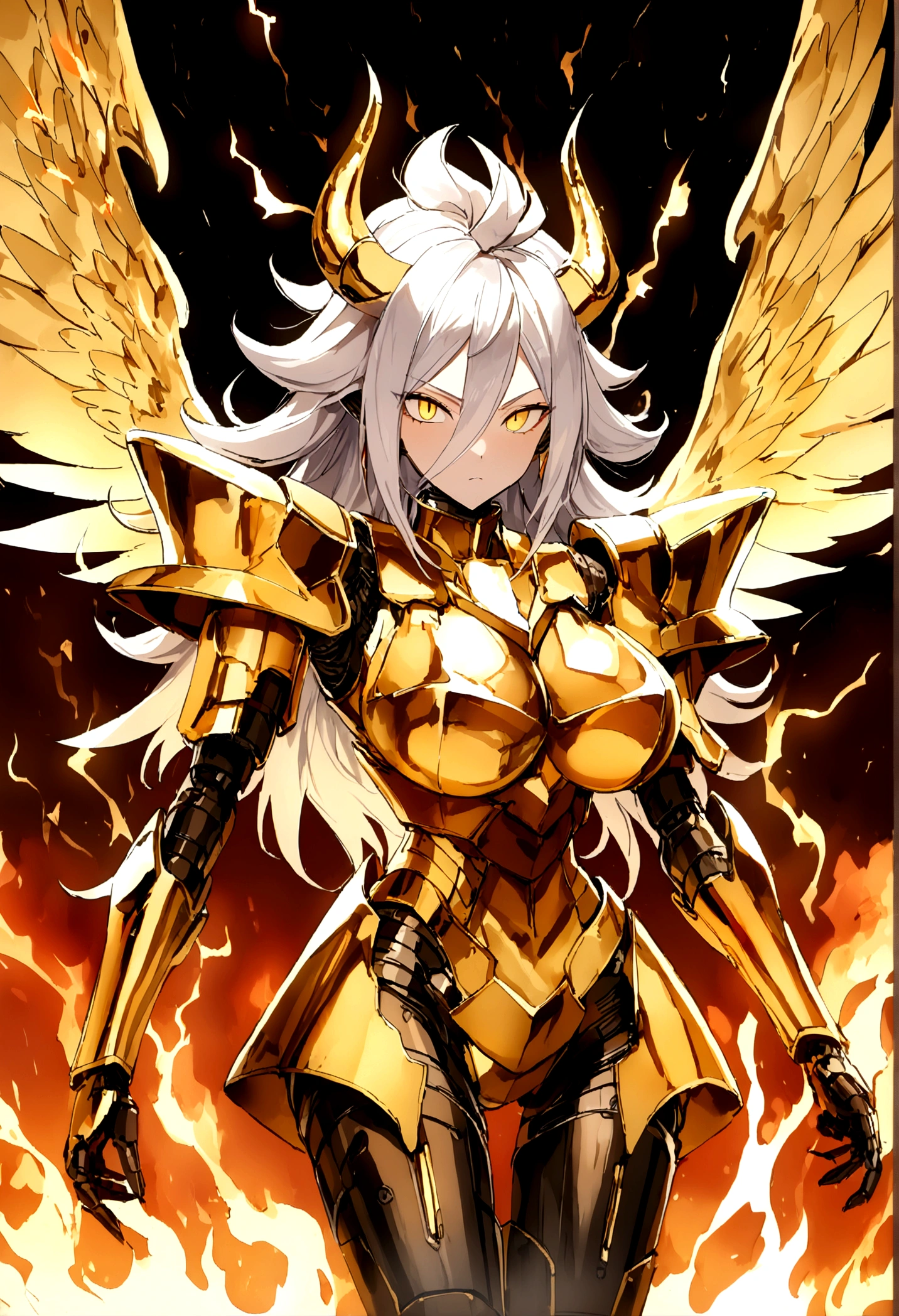 ((((Rasengan)))), ((Lightning Power)), ((Electricity)), ((Fire Background)), ((Lightning Storm)), ((Power Erupting)), ((((android 21)))), (((Evil Power))), (((white Coat))), (((Busty))), (((((Big breast:1,3)))), luxury bustier corset, (((silver hair))), (((Very slim waist))), propotional body, ((Gorgeous)), (((Fire Blazing Horns))), ((((gold wings))), masterpiece, hyperdetail, ambient effect, digital effect, (((Fire Gold Armor))), (((Lightning Gold Wings)))