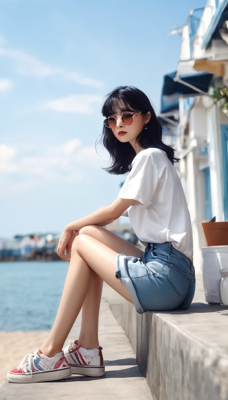 View of the seaside、T-Shirts、Summer Jeans、Beautiful black-haired girl in summer style clothes、Sitting with legs held、