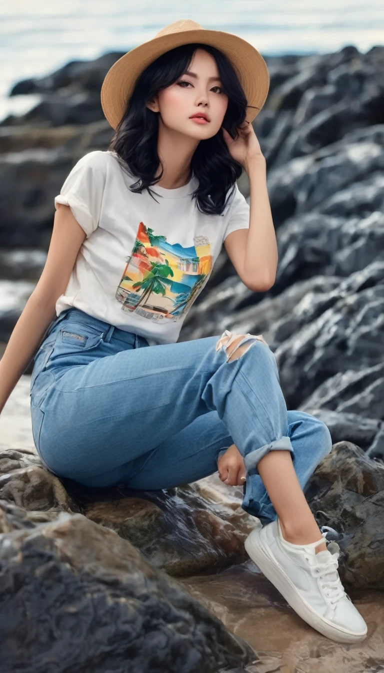 View of the seaside、T-Shirts、Summer Jeans、Beautiful black-haired girl in summer style clothes、Sitting with legs held、