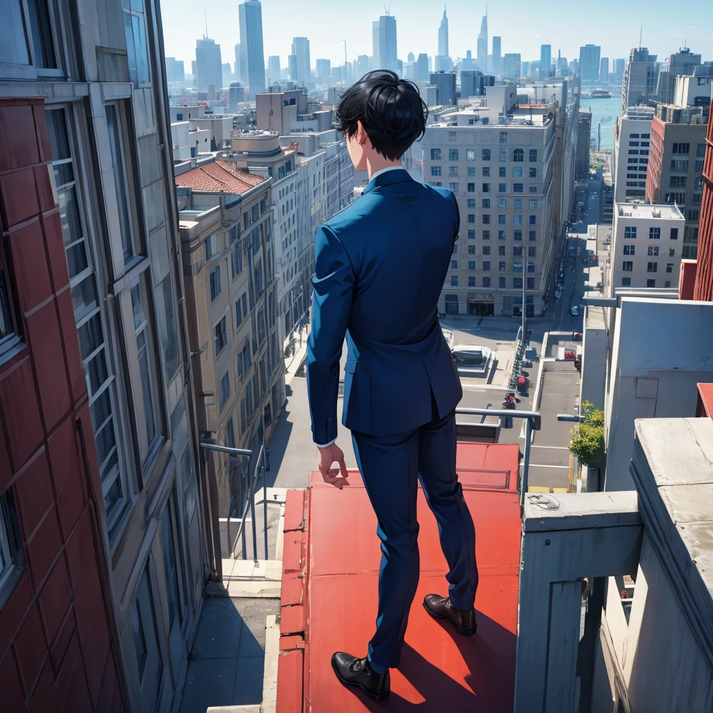 1boy, short black hair, red eyes, wearing all blue suits, on top of a building, high res, ultrasharp, 8k, masterpiece, looking at viewer from behind