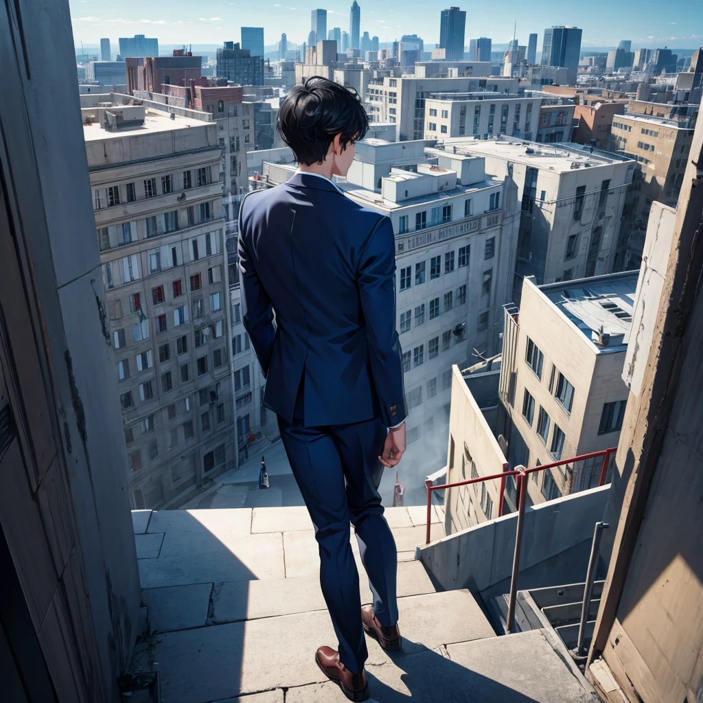 1boy, short black hair, red eyes, wearing all blue suits, on top of a building, high res, ultrasharp, 8k, masterpiece, looking at viewer from behind