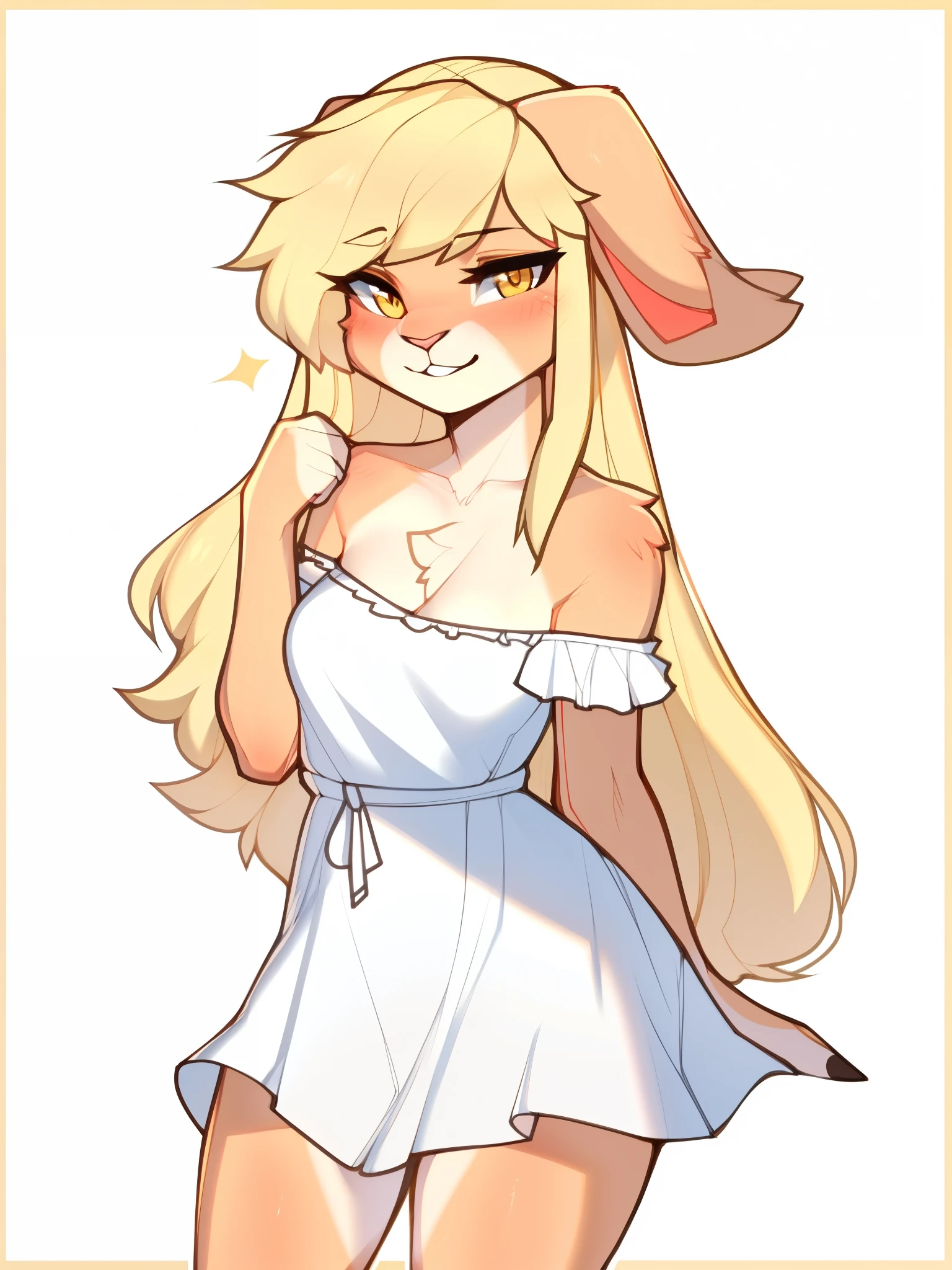 sfw, by claweddrip, by ressue, by pudgeruffian, by fleet-foot, by thericegoat, best quality, masterpiece, solo, female, rabbit, rabbit tail, (lop ears:1.1), blonde hair, long straight hair, beige fur, yellow eyes, bright eyes, medium breast, sundress, white sundress, off-shoulder, frills, gentle smile