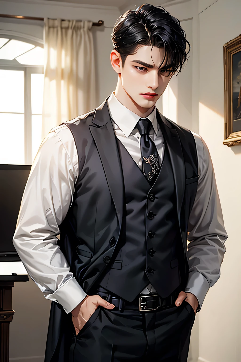 1boy, male_focus, shirt, solo, white_shirt, black_hair, looking_at_viewer, black_pants, vest, black_vest, realistic, belt, pants, hands_in_pockets, collared_shirt, short_hair, indoors, closed_mouth, long_sleeves, black_belt, blurry, blurry_background, black_eyes, dress_shirt