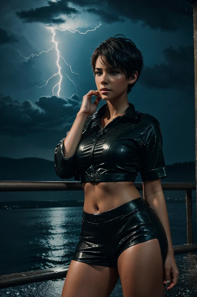 A thick women in rain, short hair, night, masterpiece, highly detailed, cinematic lightning, high quality scene