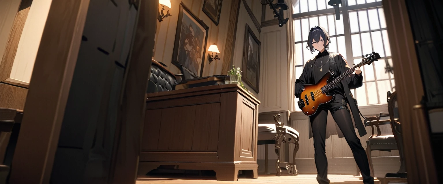(((masterpiece,Highest quality))),(((Have a bass guitar黒色のツーブロックヘアスタイルと黒い目をした中世英国紳士風ヴィジュアル系の衣装を着たのアニメキャラクターの男性))),((Have a bass guitar)),(((Standing politely in a Western-style room with a bass guitar))),Focus on the upper body,(high quality),アニメ
