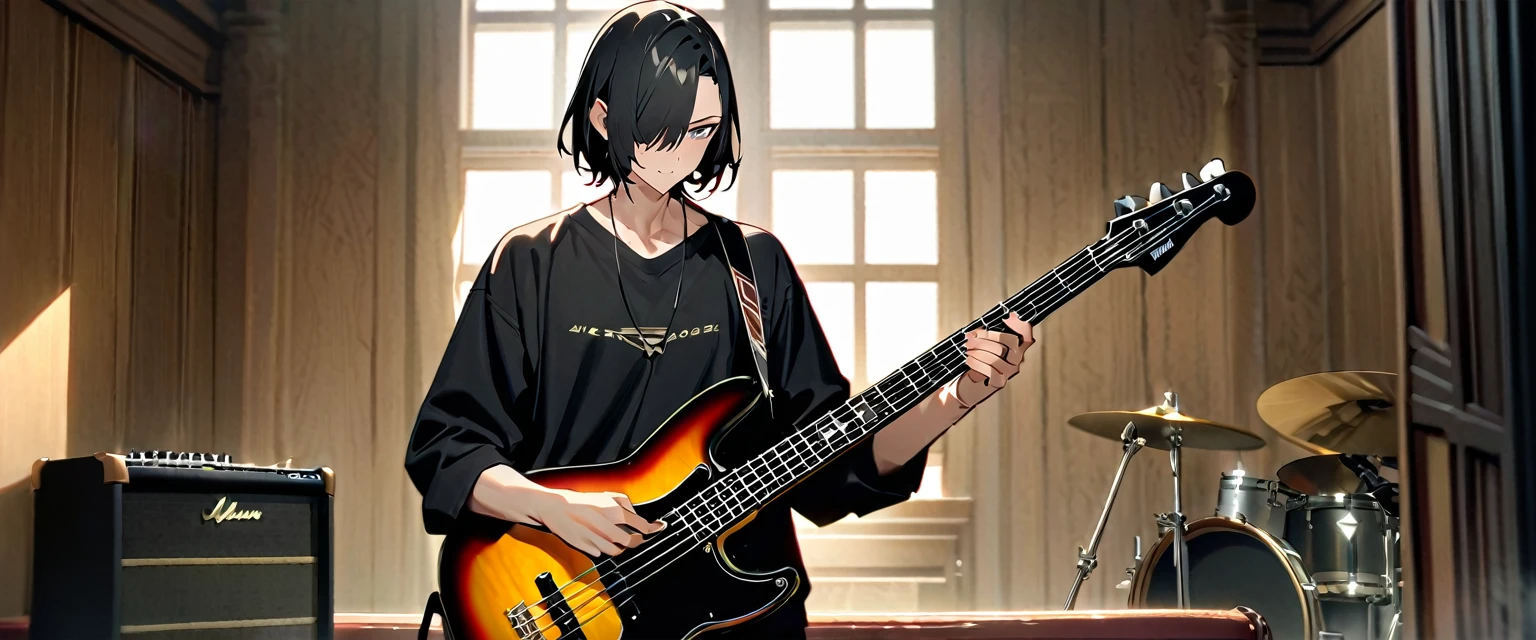 (((masterpiece,Highest quality))),(((Have a bass guitar黒色のツーブロックヘアスタイルと黒い目をした中世英国紳士風ヴィジュアル系の衣装を着たのアニメキャラクターの男性))),((Have a bass guitar)),(((Standing politely in a Western-style room with a bass guitar))),Focus on the upper body,(high quality),アニメ