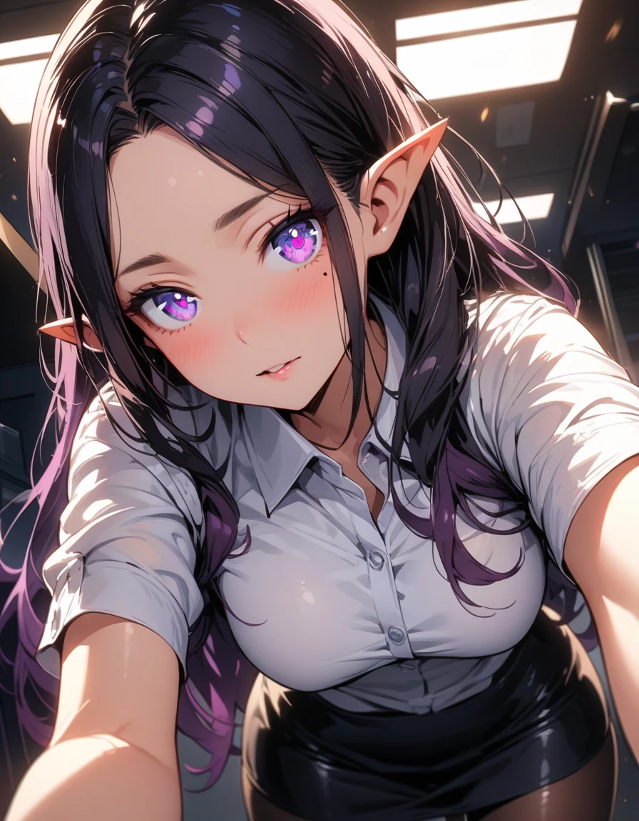((highest quality, best quality, masterpiece, ultra high definition, high dynamic range, ultra high resolution)), ((ultra-detailed illustrations:1.2)), 1 girl, solo, anime style, dynamic lighting, dynamic angle, looking at viewer, indoor, office, (beautiful detailed face, beautiful detailed skin, shiny skin, mole under the eyes, pointed ears, mid-chest), (beautiful detailed hair, parted bangs, long hair, black hair, dark purple hair, multi colored hair), (beautiful detailed eyes, beautiful detailed pupils, violet eyes), (white shirt, collared shirt, short sleeves, black mini skirt, pantyhose)