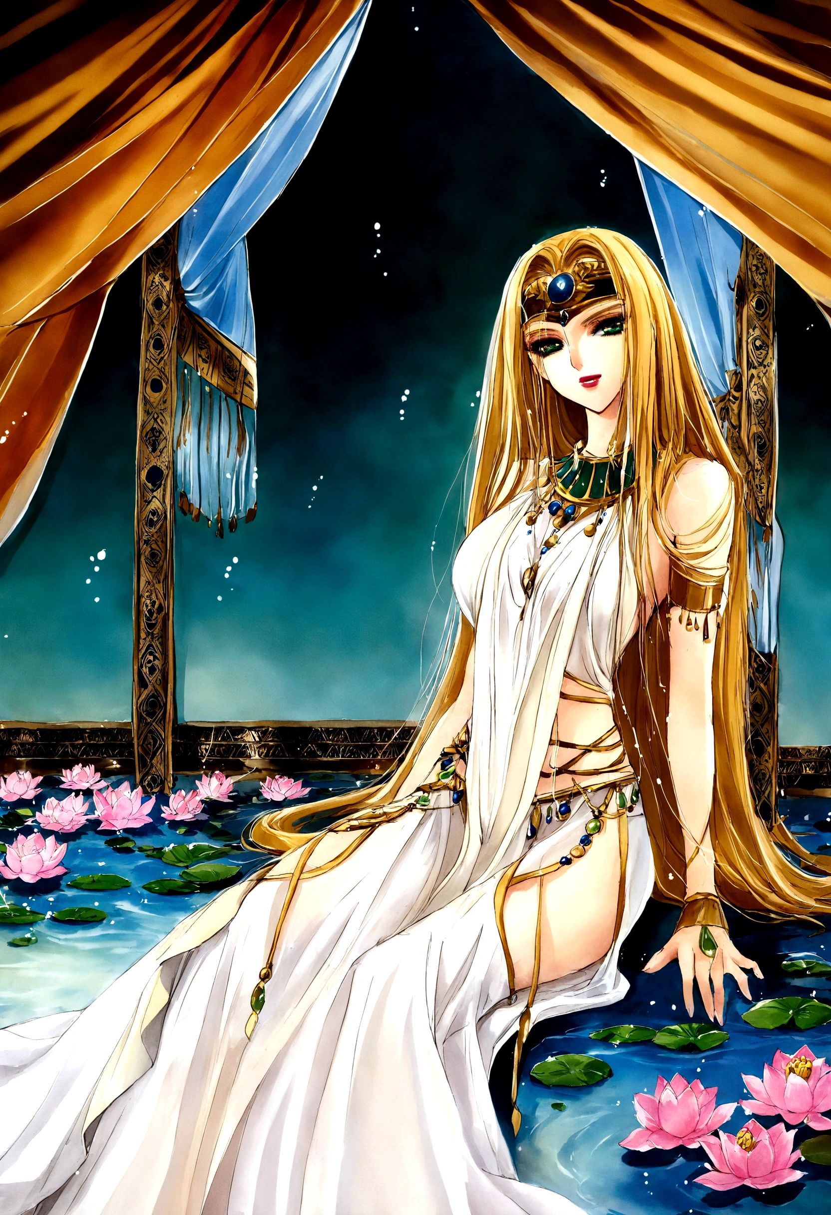 1 Girl,Blonde hair，straight blonde hair，Egyptian clothing，Egyptian Dress Up，Egyptian Queen，Welcome，Young girls，Emerald eyes，Exquisite eyes，beautiful脸庞，Stand by the lotus pond，Detailed CG，image，beautiful，Smooth and fair skin，Ultra high quality，Egyptian Eyeliner，Egypt Baotou