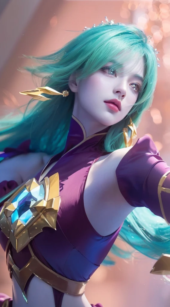 a close up portrait of a beautiful girl with long green hair, pale skin, purple outfit, (best quality,4k,8k,highres,masterpiece:1.2),ultra-detailed,realistic,photorealistic,photo-realistic:1.37,HDR,UHD,studio lighting,ultra-fine painting,sharp focus,physically-based rendering,extreme detail description,professional,vivid colors,bokeh,knights of zodiac,beautiful detailed eyes,beautiful detailed lips,extremely detailed eyes and face,longeyelashes,elegant,serene,intricate,fine art