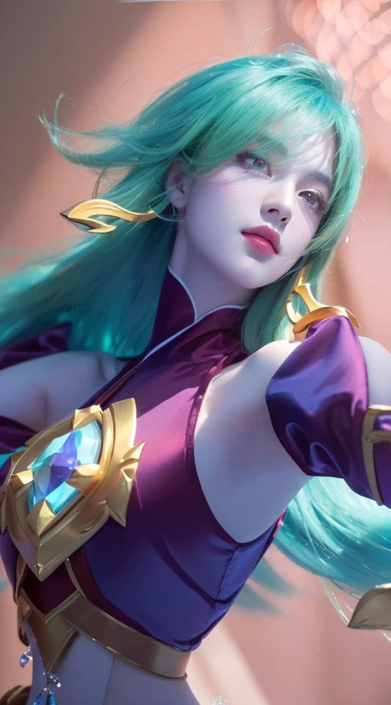 a close up portrait of a beautiful girl with long green hair, pale skin, purple outfit, (best quality,4k,8k,highres,masterpiece:1.2),ultra-detailed,realistic,photorealistic,photo-realistic:1.37,HDR,UHD,studio lighting,ultra-fine painting,sharp focus,physically-based rendering,extreme detail description,professional,vivid colors,bokeh,knights of zodiac,beautiful detailed eyes,beautiful detailed lips,extremely detailed eyes and face,longeyelashes,elegant,serene,intricate,fine art