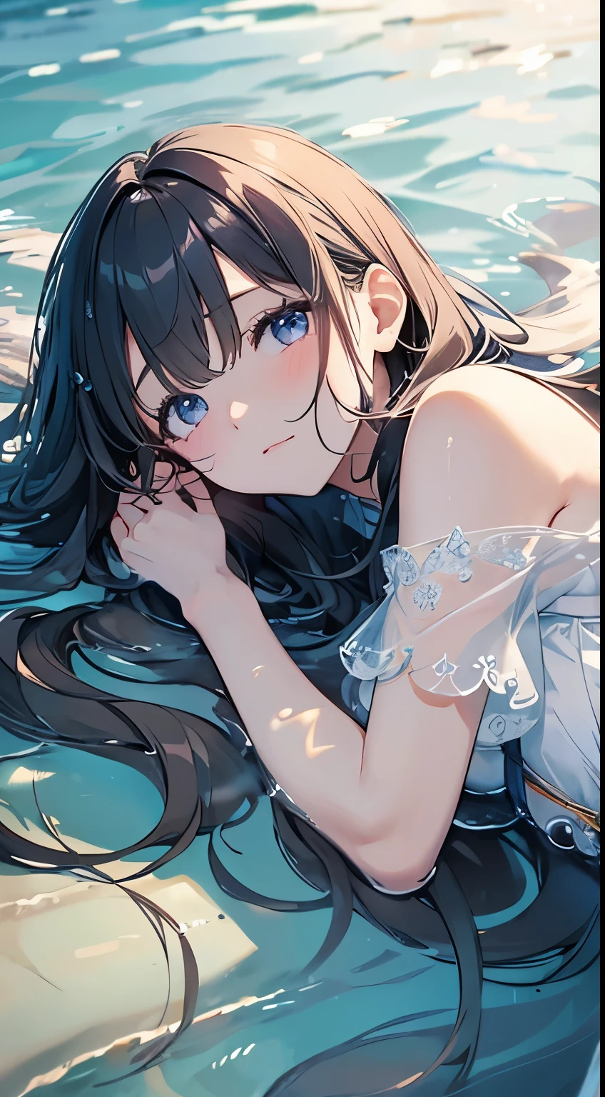 (Highly detailed CG、Unity、8k wallpaper)、(Very delicate and beautiful)、(masterpiece)、(Highest quality:1.0)、(超High resolution:1.0)、Beautiful lighting、Perfect Lightning、Realistic Shadows、[High resolution]、Detailed skin、Ultra-detailed、Detailed face and eyes、Realistic eyes、Sharp pupils、Floats on water、take a nap in the water、take a nap in the water、bluish bangs、drifting、A girl in a white dress floating in the deep sea、Life at sea、Shining a light、Underwater Scene、Abysmal、water flowing,