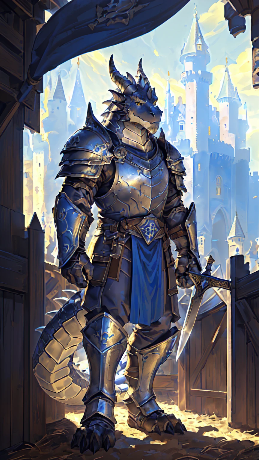 ((middle Ages:1.6,Castle Background:1.5)),((Cruz:1.6)),Sunlight,high resolution,4K,gay,(((whole body:1.1))),((Various postures)),masterpiece,high quality,Calm and composed,((dragon)),male,dragonFurry,(ager:1.3),hairy,((stable,Handsome face:1.4)),((peaceful)),((Holding a long sword:1.3)),(((Strong:1.4,Long legs:1.3,Thick dragon tail:1.2))),(((Gray heads:1.2,Golden pupils:1.2,White Neck:1.3,Gray back of hands:1.4,White Skin:1.3))),(((White Armor:1.3,There is a blue flag on the armor:1.4))),Mature face,Exquisite eyes,Detailed body,Detailed hands,Detailed feet,Kenket's Art
