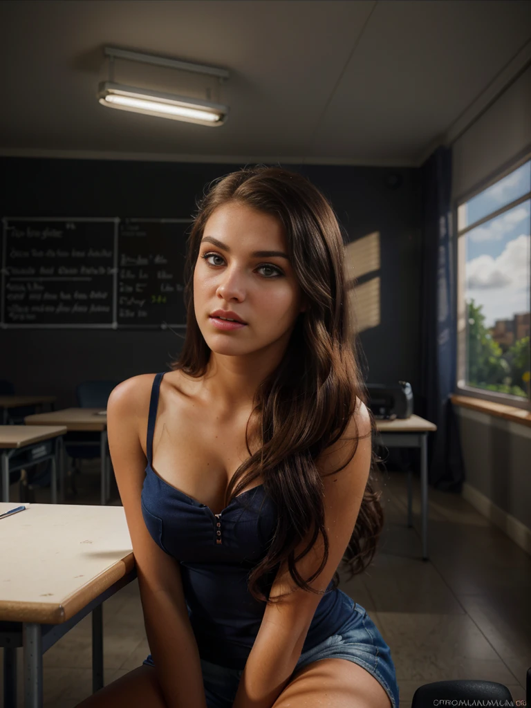 a beautiful 16 year old ,sexy, deep nekline, detailed face, beautiful eyes, long lashes, detailed hair, , sitting in a classroom, warm lighting, photorealistic, detailed background, high resolution, octane render, cinematic, dramatic lighting, vibrant colors