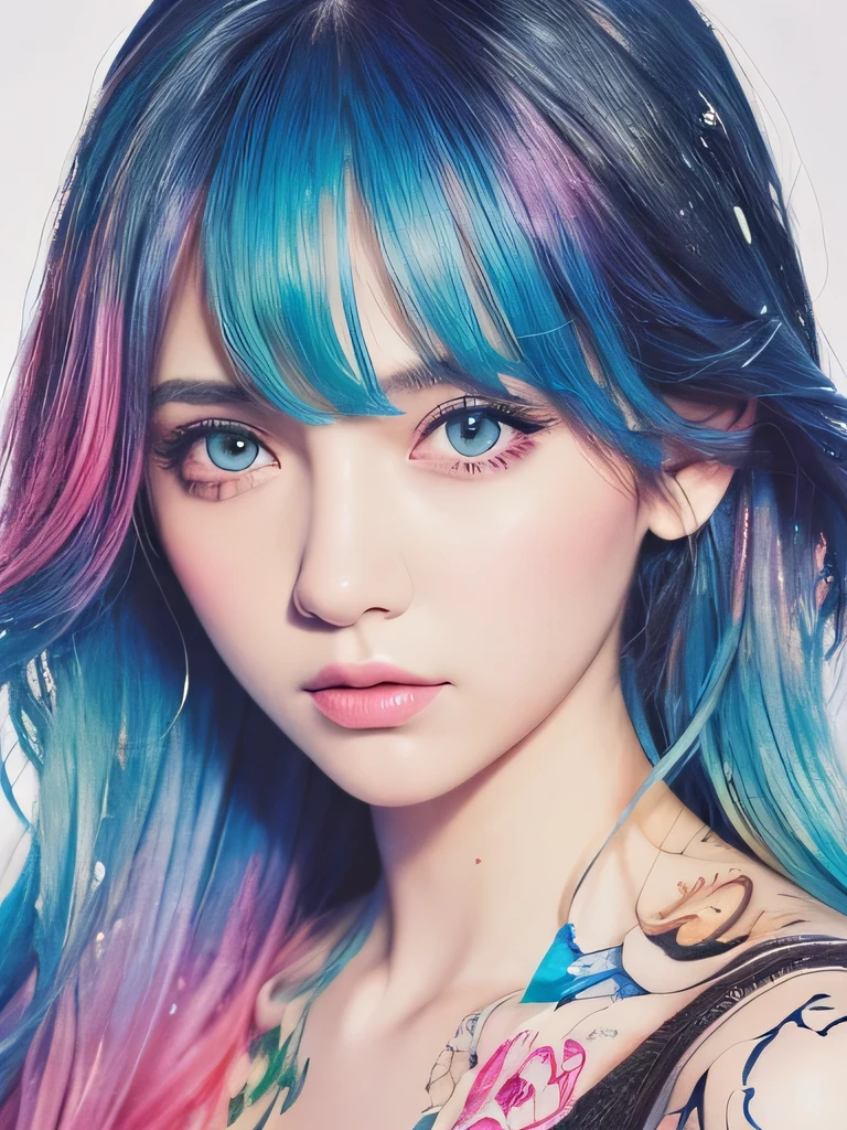 (Pink Fashion T-shirt:1.9),(Colorful hair: 1.8), (all the colours of the rainbow: 1.8),(((((vertical painting:1.6))), (painting:1.6),front, comics, illustrations, paintings, large eyes, crystal clear eyes,( rainbow color gradient high ponytail:1.7), exquisite makeup, closed mouth,(Small Fresh: 1.5),(Wipe Chest: 1.6) ,long eyelashes, white off shoulder T-shirt, White Shoulder Shirt,looking at the audience, large watery eyes, (rainbow colored hair:1.6), color splash, (solo:1.8), color splash, color explosion, thick paint style, messy lines, ((shining)),(colorful), (colorful), (colorful), colorful, Thick Paint Style, (Splash) (Color Splash), Vertical Painting, Upper Body, Paint Splash, Acrylic Pigment, Gradient, Paint, Highest Image Quality, Highest Quality, Masterpiece, Solo, Depth of Field, Face Paint, colorful clothes, (Elegant: 1.2), gorgeous,long hair, wind, (Elegant: 1.3), (Petals: 1.4),(((masterpiece))),(((best quality))),((ultra-detailed)),(illustration),(dynamic angle),((floating)),(paint),((disheveled hair)),(solo),(1girl) , (((detailed anima face))),((beautiful detailed face)),collar,bare shoulders,white hair, ((colorful hair)),((streaked hair)),beautiful detailed eyes,(Gradient color eyes),(((colorful eyes))),(((colorful background))),(((high saturation))),(((surrounded by colorful splashes))),