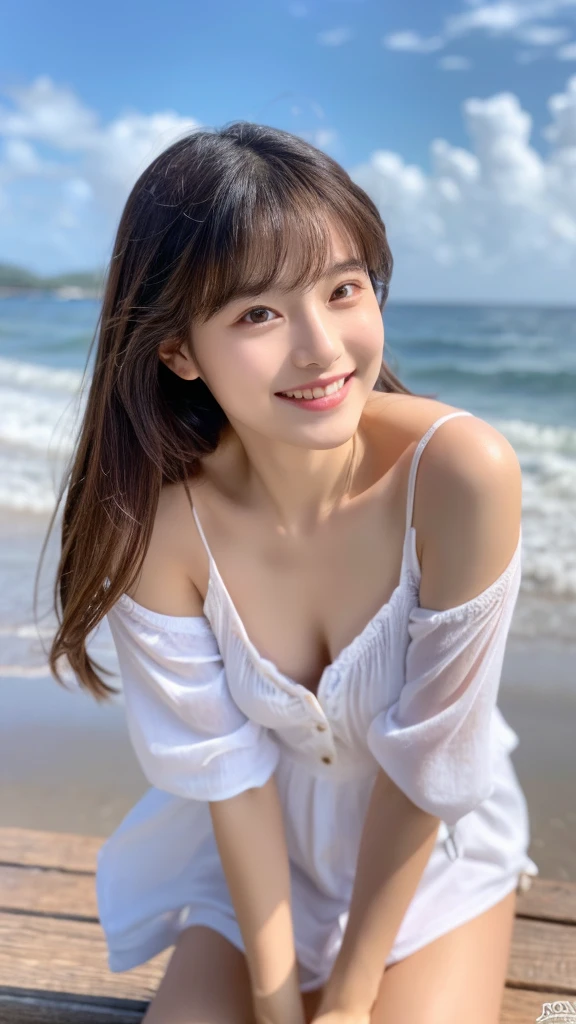 Tabletop、(Highest quality、4K、8K、High resolution、Masterpiece: 1.2)、Super detailed、(Real、Photorealistic、Photorealistic: 1.37)、Full Body Shot、Complex and beautiful eyes、woman、long hair、Natural color lip、whiteＴshirt、Bold and sexy pose、smile、Ocean、20 year old girl、A cute and sexy shot looking straight at the camera。