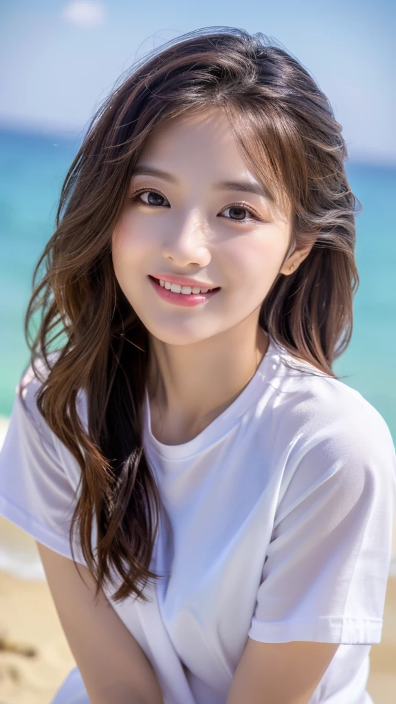 Tabletop、(Highest quality、4K、8K、High resolution、Masterpiece: 1.2)、Super detailed、(Real、Photorealistic、Photorealistic: 1.37)、Full Body Shot、Complex and beautiful eyes、woman、long hair、Natural color lip、whiteTshirt、Bold and sexy pose、smile、Ocean、 year old girl、A cute and sexy shot looking straight at the camera。