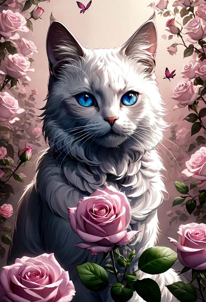 solo, looking at viewer, blue eyes, flower, wings, head tilt, no humans, rose, animal, cat, pink flower, realistic, animal focus, pink rose, whiskers