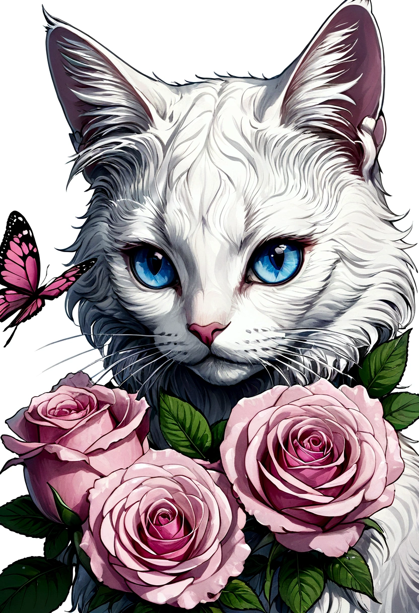 solo, looking at viewer, blue eyes, flower, wings, head tilt, no humans, rose, animal, cat, pink flower, realistic, animal focus, pink rose, whiskers