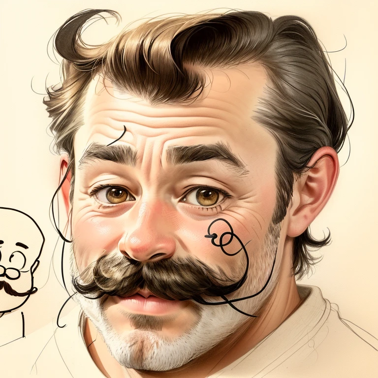 a drawing of a man with a mustache and a mustache on his head, based on child's drawing, face line drawing, Drawn with a single line, a child's drawing, Poor drawing, Right - Light half of face, childs drawing, single line drawing, Pointed face,  drawing, Sally Haley, Inspired by Quentin Blake, kid drawing, line-drawing