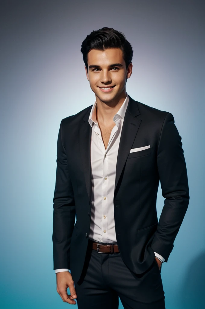A young men with dark hair and a confident smile he is dress a black blazer over a white shirt A man is positioned against aqua colour backdrop with a subtle red lighting of the rate site and posing for linkedin profile