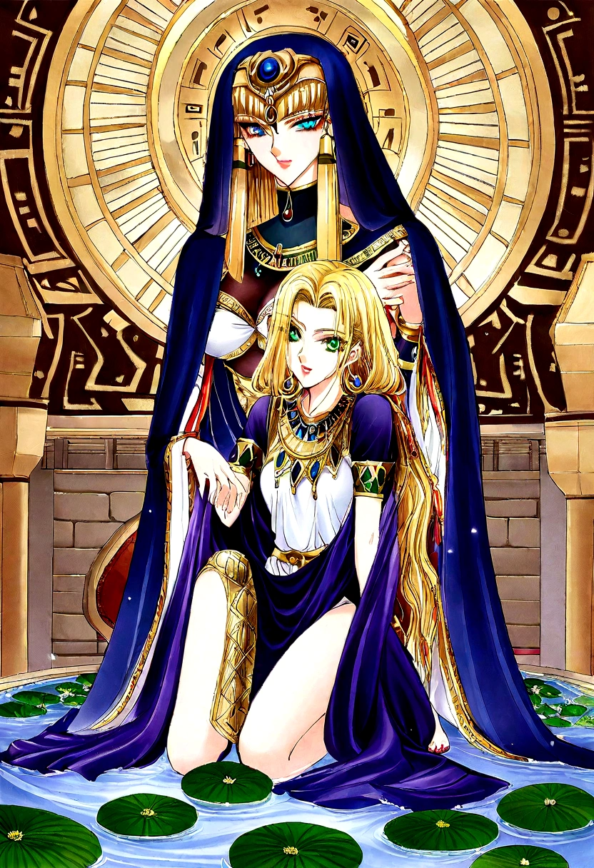 1 Girl,Blonde hair，straight blonde hair，Egyptian clothing，Egyptian Dress Up，Egyptian Queen，Welcome，Young girls，Emerald eyes，Exquisite eyes，beautiful脸庞，Stand by the lotus pond，Detailed CG，image，beautiful，Smooth and fair skin，Ultra high quality，Egyptian Eyeliner，Egypt Baotou