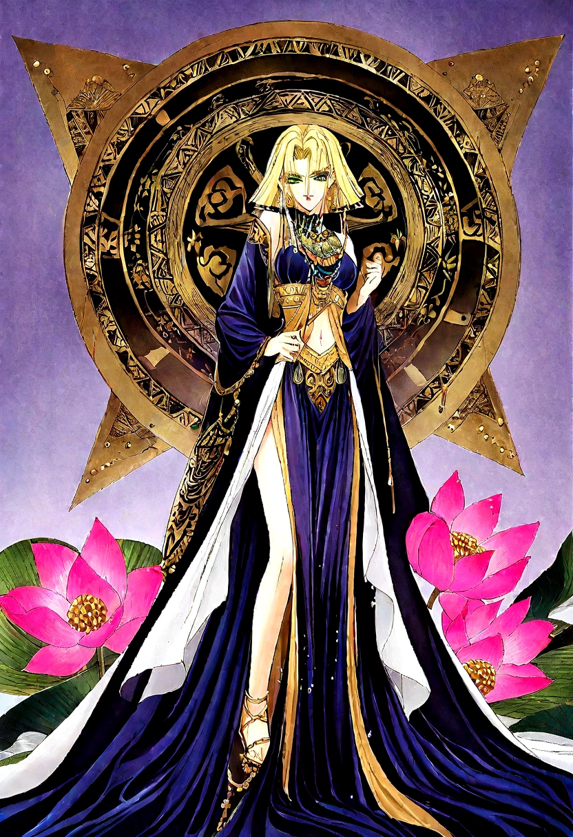1 Girl,Blonde hair，straight blonde hair，Egyptian clothing，Egyptian Dress Up，Egyptian Queen，Welcome，Young girls，Emerald eyes，Exquisite eyes，beautiful脸庞，Stand by the lotus pond，Detailed CG，image，beautiful，Smooth and fair skin，Ultra high quality，Egyptian Eyeliner，Egypt Baotou