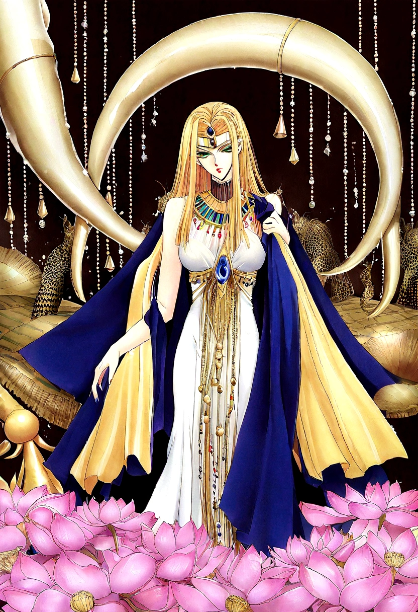 1 Girl,Blonde hair,straight blonde hair,Egyptian clothing,Egyptian Dress Up,Egyptian Queen,Welcome,Young girls,Emerald eyes,Exquisite eyes,beautiful脸庞,Stand by the lotus pond,Detailed CG,image,beautiful,Smooth and fair skin,Ultra high quality,Egyptian Eyeliner,Egypt Baotou