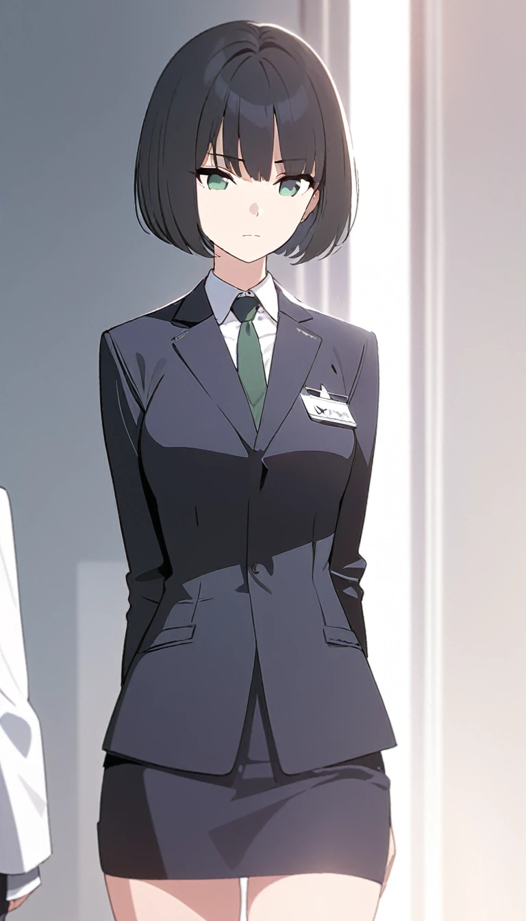 (masterpiece, high quality, best quality, highres,) One Woman, young, black hair, bob cut, Green Eyes, Athletic build, expressionless, closed mouth, office staff suit, Simple white background, standing, cowboy shot, (from the front)