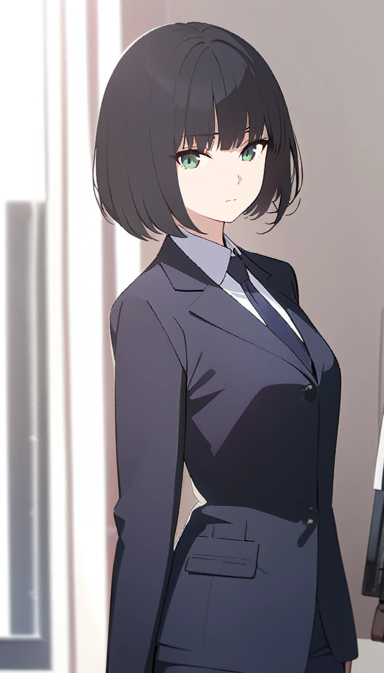 (masterpiece, high quality, best quality, highres,) One Woman, young, black hair, bob cut, Green Eyes, Athletic build, expressionless, closed mouth, office staff suit, Simple white background, standing, cowboy shot, (from the front)