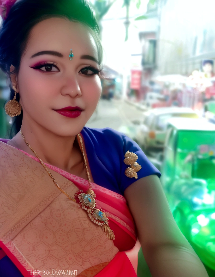 there is a woman with a blue shirt and a pink and blue sari, assamese, 30 years old woman, 3 0 years old woman, wearing bihu dress mekhela sador, assamese aesthetic, photo of a woman, devainart, with accurate face, nivanh chanthara, jayison devadas