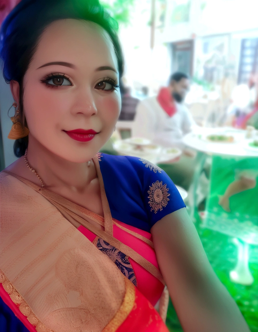 there is a woman with a blue shirt and a pink and blue sari, assamese, 30 years old woman, 3 0 years old woman, wearing bihu dress mekhela sador, assamese aesthetic, photo of a woman, devainart, with accurate face, nivanh chanthara, jayison devadas